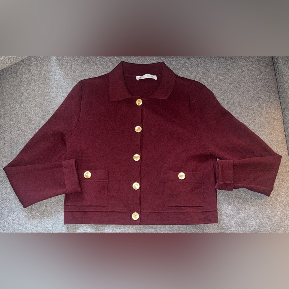 NWOT Zara Women's Deep Burgundy Blazer Sweater with ahold Buttons - Picture 3 of 8